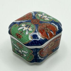 Japanese Trinket Dish Ceramic Ring Box Vintage Handpainted Floral Green Blue Red